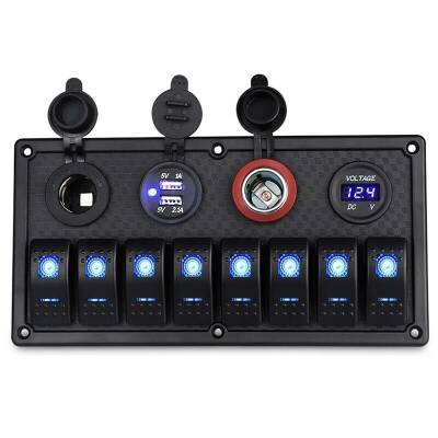 8'li ON-OFF Mavi Işıklı Anahtar Panel 2x5V USB 2xÇakmaklık ve Voltaj Göstergeli