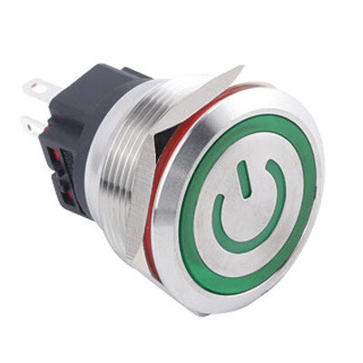 WD25B-P1Z-EC 25mm Düz Anahtarlı Işıklı Power Metal Buton - Yeşil