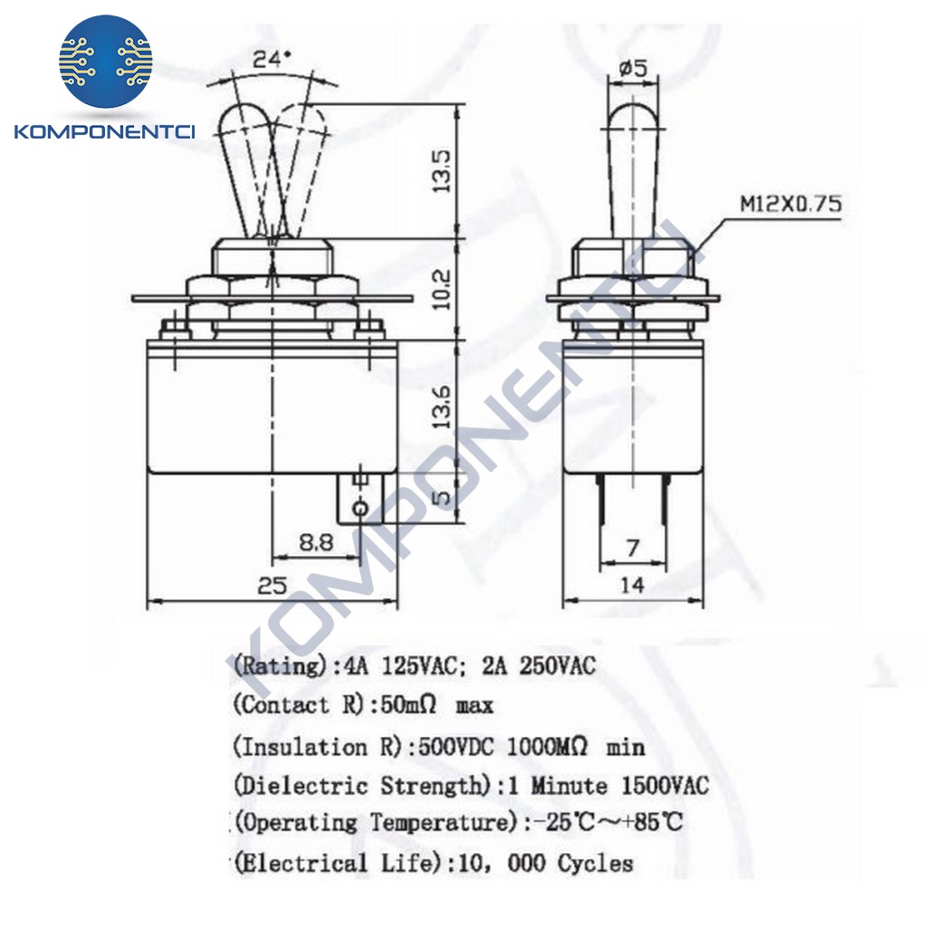 IC-149 Toggle Switch 2P ON-OFF Ø12mm KN3-1 | Komponentci