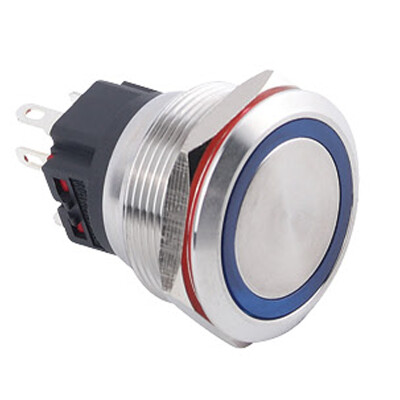 WD25B-P1-E 25mm Düz Yaylı Işıklı Metal Buton - Mavi