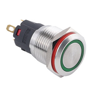 WD16A-P1-E 16mm Düz Yaylı Işıklı Metal Buton - Yeşil