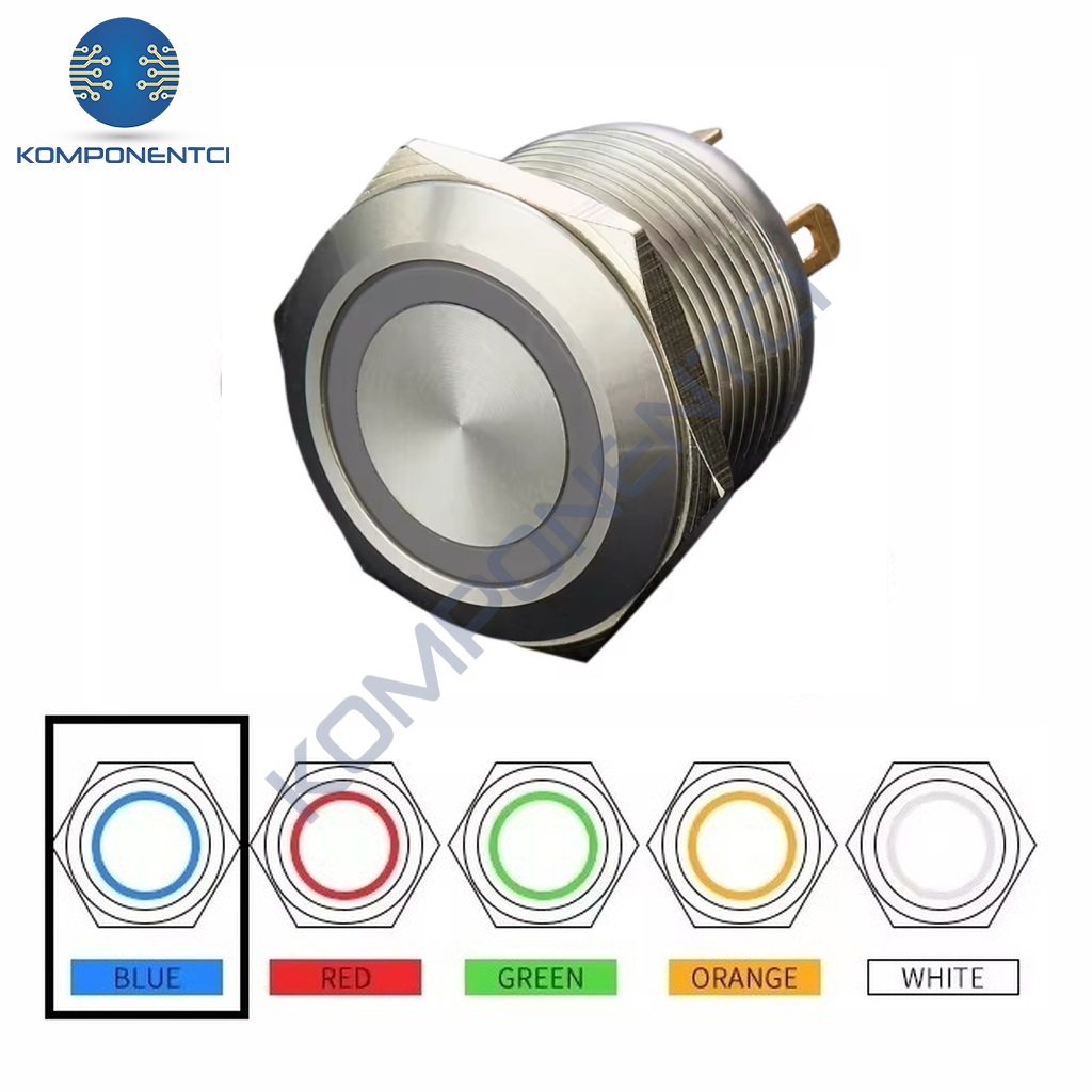 D36 16mm Metal Mavi Halka Ledli Yaylı Buton 12V