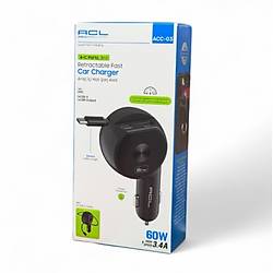 ACC-03 60W 3.4A Kablolu USB-A + USB-C Çift Çıkışlı Araç İçi Şarj