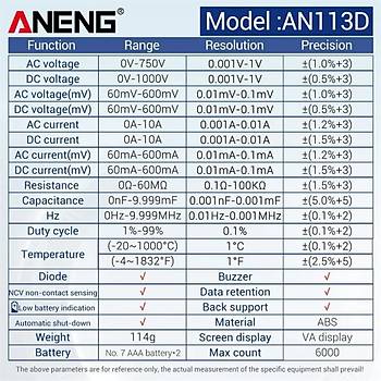 ANENG AN113D Dijital Multimetre Akll Otomatik