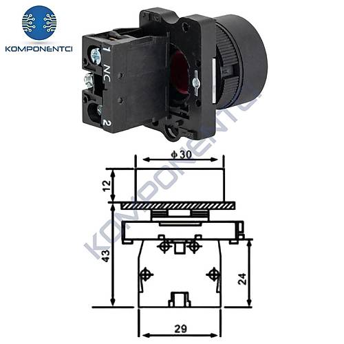 LAY5-EA42 22mm Buton Normalde Kapal� Kontak K�rm�z�
