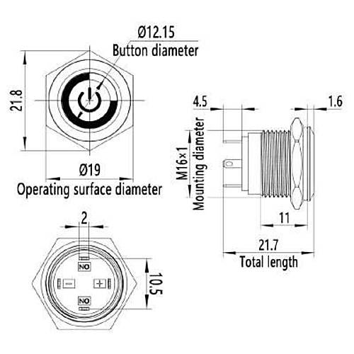 WD16H-P1-EC 16mm D�z Yayl� I��kl� Power Metal Buton - K�rm�z�