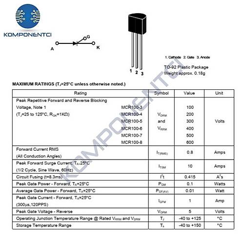 MCR100-8 SCR Trist�r 0.8A 600V To-92