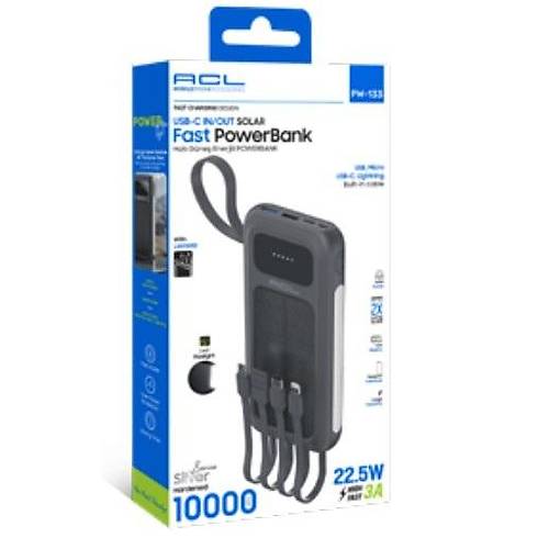 PW-133 Solar Panelli Dahili Kablolu 22.5W H�zl� �arjl� Powerbank 10.000mAh