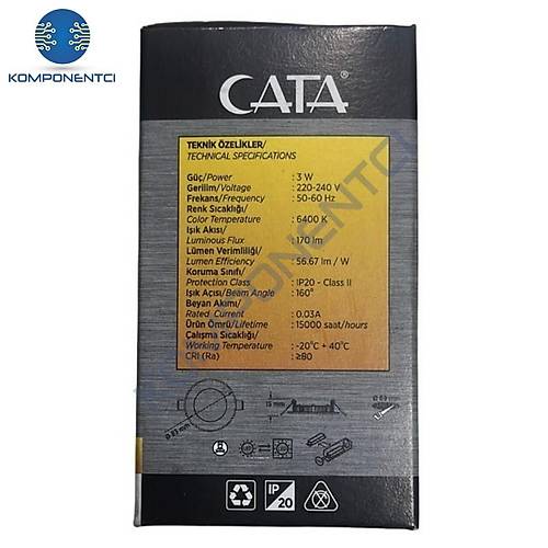Cata CT-5144 3W 6400K Slim Panel Led Spot Beyaz Ik