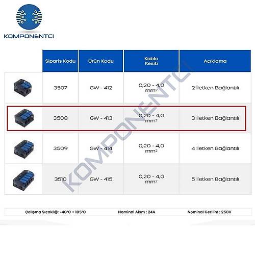 Gwest GW-413 3 �letken Ba�lant�l� �ok Ama�l� Klemens 1 Adet