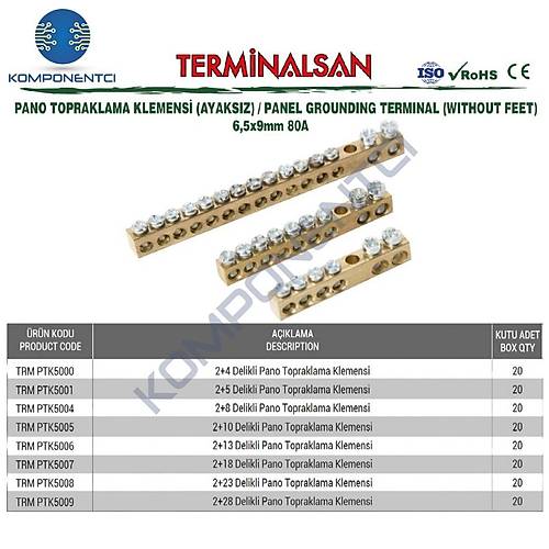 Delikli Pano Topraklama Klemensi Ayaks�z PTK5004 2+8 6,5 x 9 mm 20 Adet
