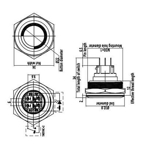 WD30B-P1-E 30mm D�z Yayl� I��kl� Metal Buton - Beyaz