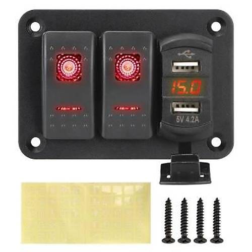 6'l� ON-OFF I��kl� Anahtar Switch Panel 2x5V USB ve Voltaj G�stergeli