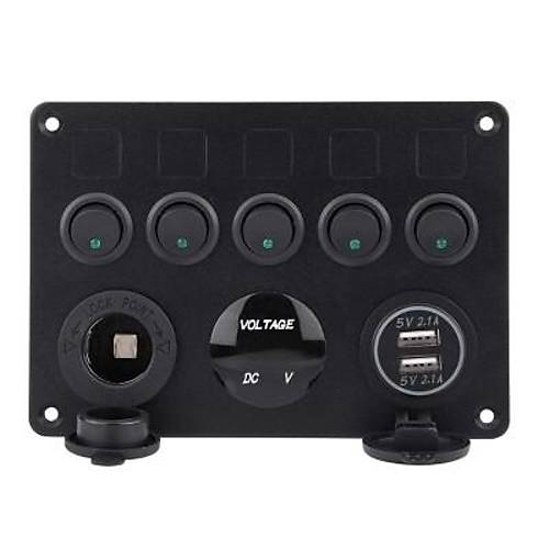 5'li ON-OFF Ye�il Nokta I��kl� Anahtar Switch Panel 2x5V USB �akmakl�k ve Voltaj G�stergeli