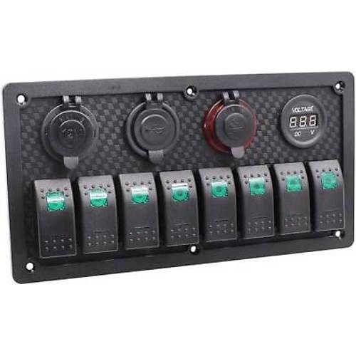 8'li ON-OFF Ye�il I��kl� Anahtar Panel 2x5V USB 2x�akmakl�k ve Voltaj G�stergeli