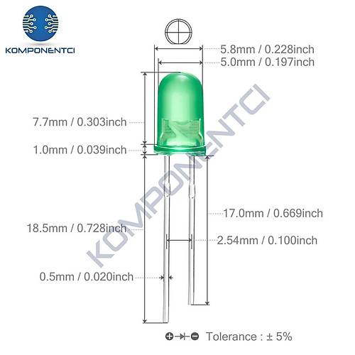 5mm Led Yeil Diyot Diffused 1 Adet