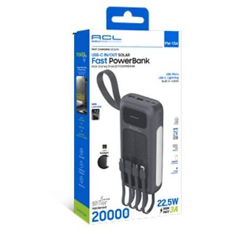 PW-134 Solar Panelli Dahili Kablolu 22.5W H�zl� �arjl� Powerbank 20.000mAh