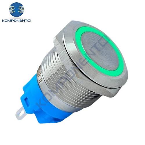 E3 19mm Metal Buton Kal�c�l� 12-24V Ye�il Led 1No/1NC