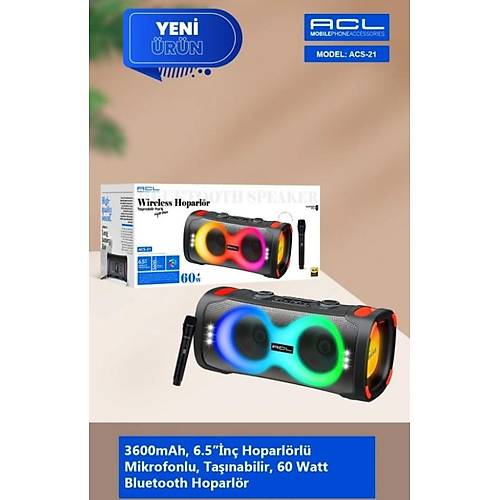 ACS-21 60W G�c�nde 2x6.5'' �n� Hoparl�rl� Mikrofonlu Ta��nabilir Parti Hoparl�r�