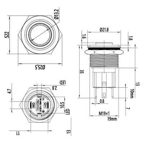 WD19D-G1Z-E 19mm ��k�k Anahtarl� I��kl� Metal Buton - Mavi