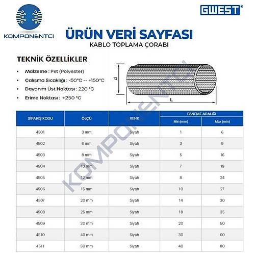 Gwest 30mm Siyah Kablo �orab� 1 Metre