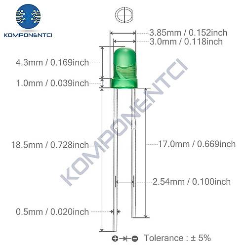 3mm Led Ye�il Diyot Diffused 1 Adet