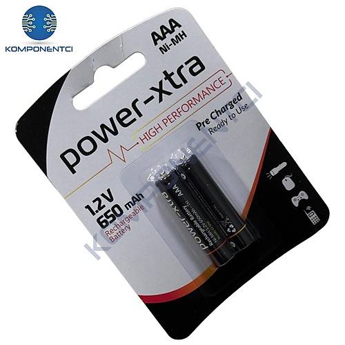 Power-Xtra AAA 650mAh 1.2V Ni-Mh �arj Edilebilir Pil - 2'li Blister