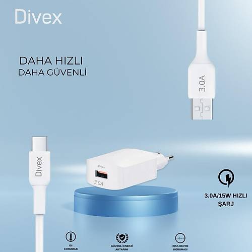 Divex Type-C USB Kablo - Adaptr 3.0A Ev Tipi arj Aleti DS-212