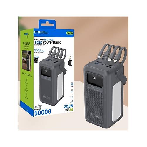 PW-131 Led Fenerli Dahili Kablolu 22.5W H�zl� �arjl� Powerbank 50.000mAh