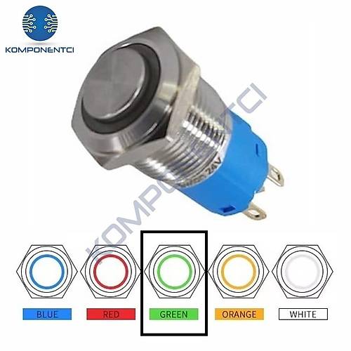 D20 16mm Metal Ye�il Halka Ledli Kal�c� Buton 24V