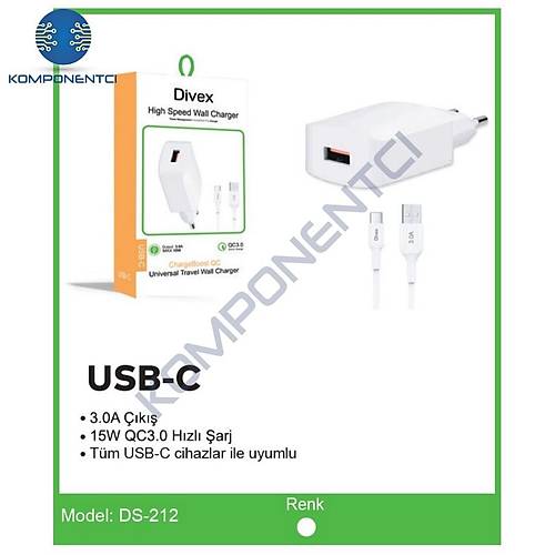 Divex Type-C USB Kablo - Adaptr 3.0A Ev Tipi arj Aleti DS-212