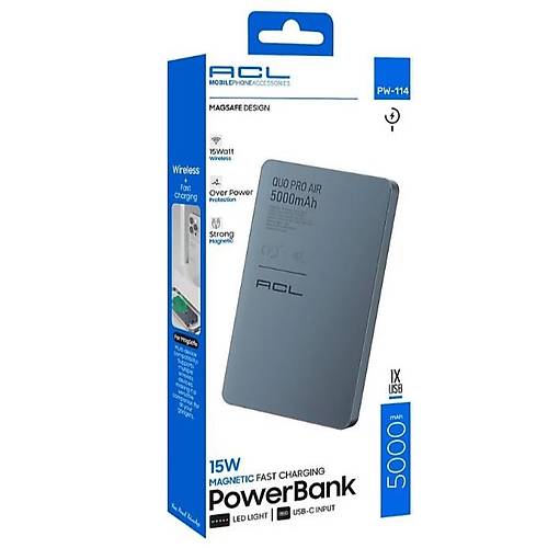 PW-114 15W H�zl� �arjl� LED G�stergeli USB-C Giri�li Powerbank 5000mAh