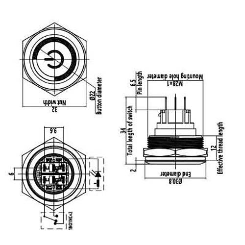 WD28B-P1Z-EC 28mm D�z Anahtarl� I��kl� Power Metal Buton - Beyaz