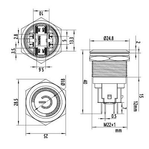 22E-P1Z-EC 22mm D�z Anahtarl� I��kl� Power Metal Buton - K�rm�z�