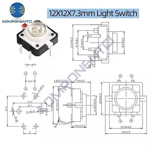 12x12mm K�rm�z� Led I��kl� Tact Switch