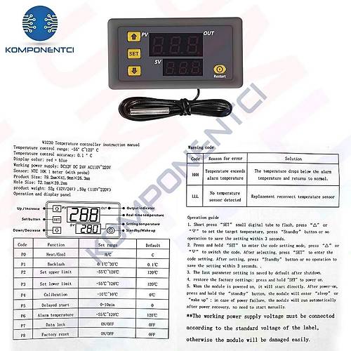 W3230 12V DC R�le ��k��l� Dijital Termostat S�cakl�k Kontrol Cihaz�