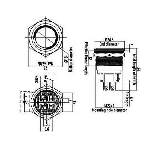 WD22B-P1-E 22mm D�z Yayl� I��kl� Metal Buton - Mavi
