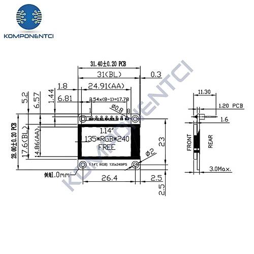 1.14 inch ST7789V Chip 135240 RGB TFT IPS 8 Pin LCD Ekran Modl