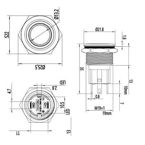 WD19D-P1Z-E 19mm D�z Anahtarl� I��kl� Metal Buton - Mavi