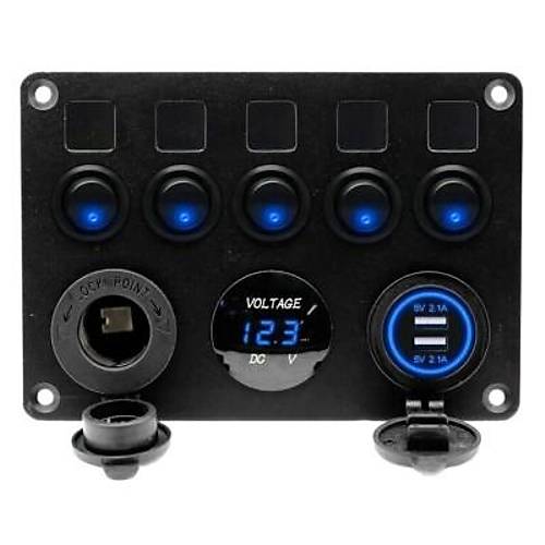 5'li ON-OFF Mavi Nokta I��kl� Anahtar Switch Panel 2x5V USB �akmakl�k ve Voltaj G�stergeli