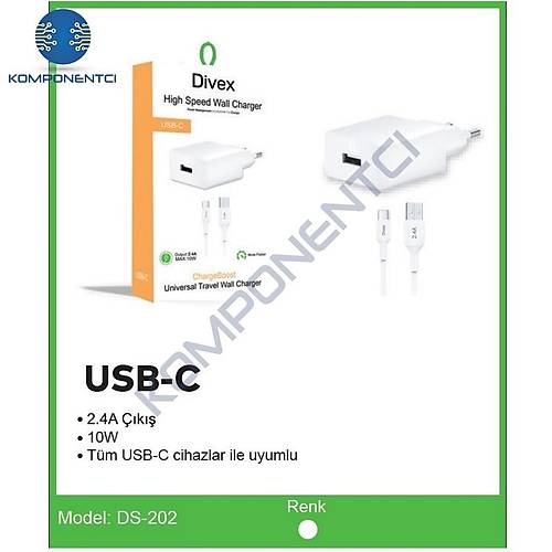 Divex Type-C USB Kablo - Adaptr 2.4A Ev Tipi arj Aleti DS-202