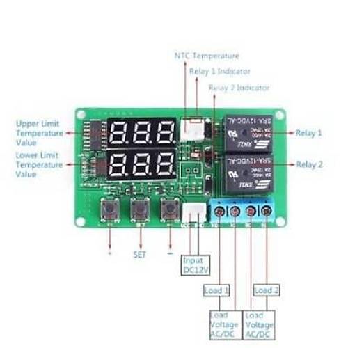 24V 2 Kanal R�le ��k��l� Dijital Termostat - K�rm�z�/Mavi