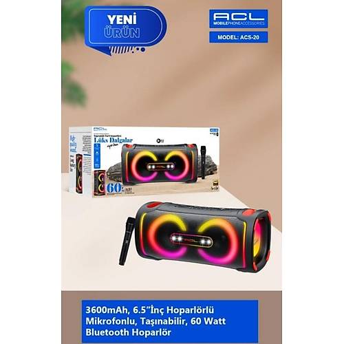 ACS-20 60W G�c�nde 2x6.5'' �n� Hoparl�rl� Mikrofonlu Ta��nabilir Parti Hoparl�r�