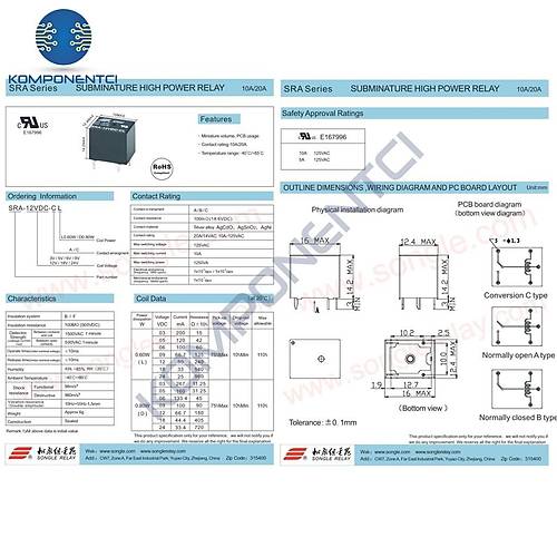 Songle 5V Gaz R�lesi SRA-05VDC-CL ( T74 Gas Relay )