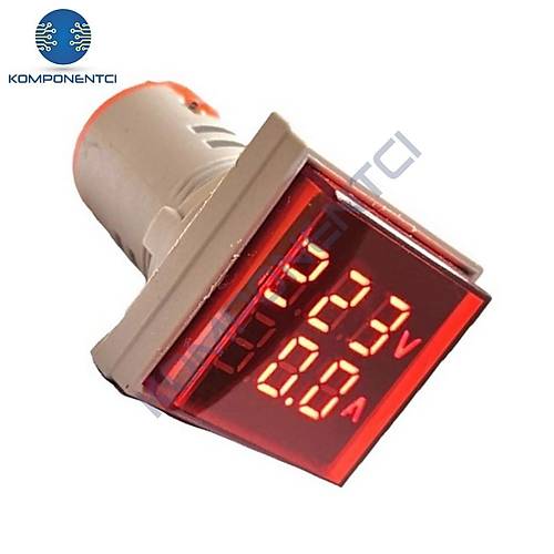 AD22-22VAS 22mm Dijital Volt-Ampermetre Kare Krmz