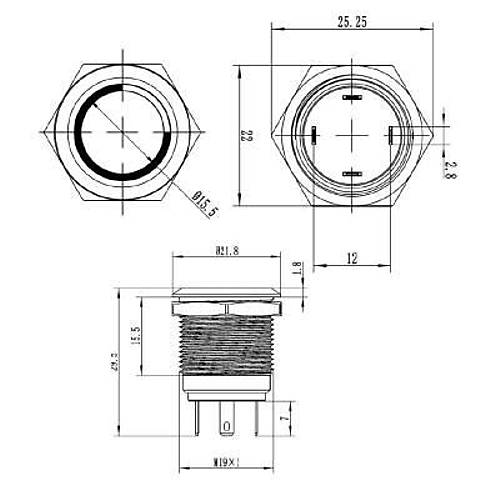 WD19H-P1-E 19mm D�z Yayl� I��kl� Metal Buton - K�rm�z�