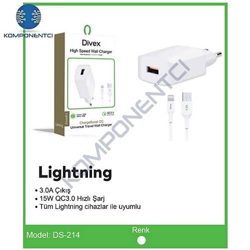 Divex Apple-Iphone Uyumlu 3.0A Adaptr ve arj Kablosu Seti DS-214