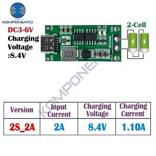 2S 2A Type-C �arj Mod�l� �ok H�creli 18650 Lityum Pil �arj Devresi 8.4V