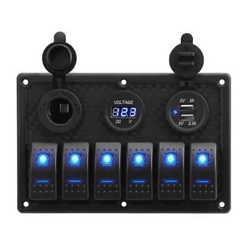 6'l� ON-OFF I��kl� Anahtar Switch Panel 2x5V USB �akmakl�k ve Voltaj G�stergeli