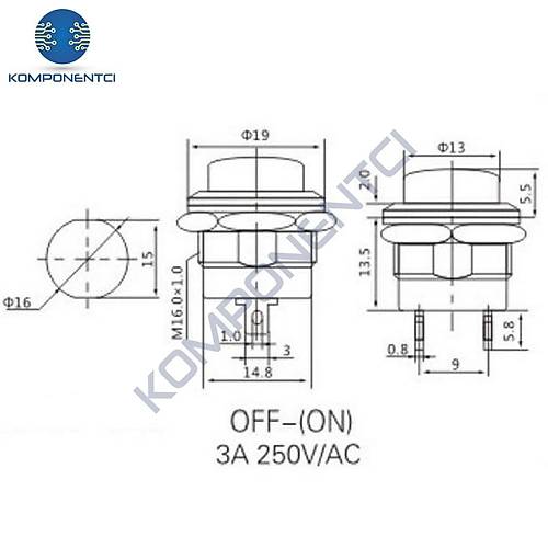 IC-180A 16mm Yayl Push Buton R13-507 Krmz